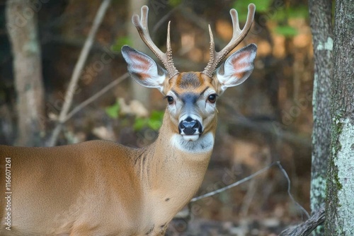 A deer stands next to a tree, its antlers visible photo