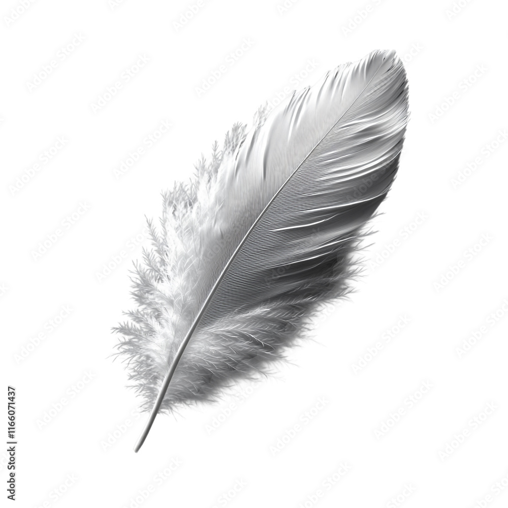 A soft, white feather gently falling on a transparent background, with intricate details on its fibers on a transparent background A soft, white feather gently falling on a transparent background, with intricate details on its fibers on a transparent background