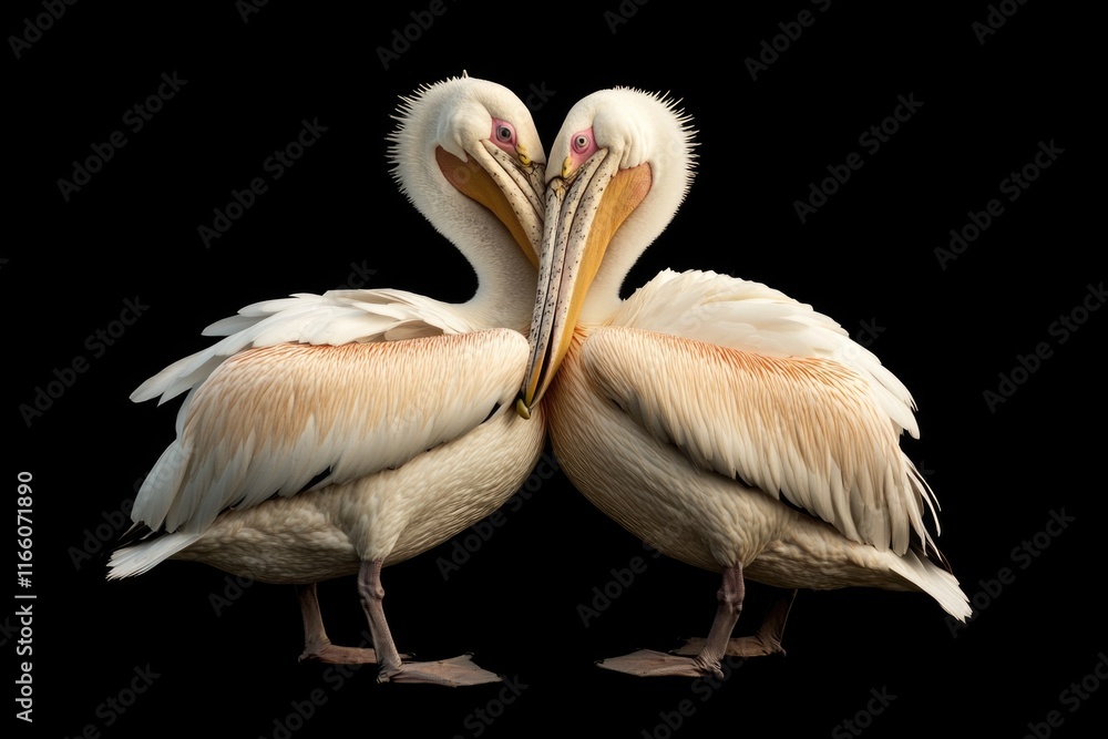 Pelican pair standing side by side against a dark background Pelican pair standing side by side against a dark background