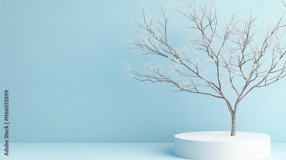 Obraz premium Frosty winter tree on a light blue background.