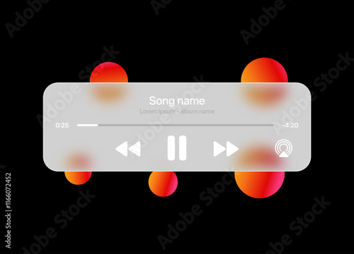 Small music player interface mockup in glassmorphism style. Vector streaming music player window with gradient circles on black background