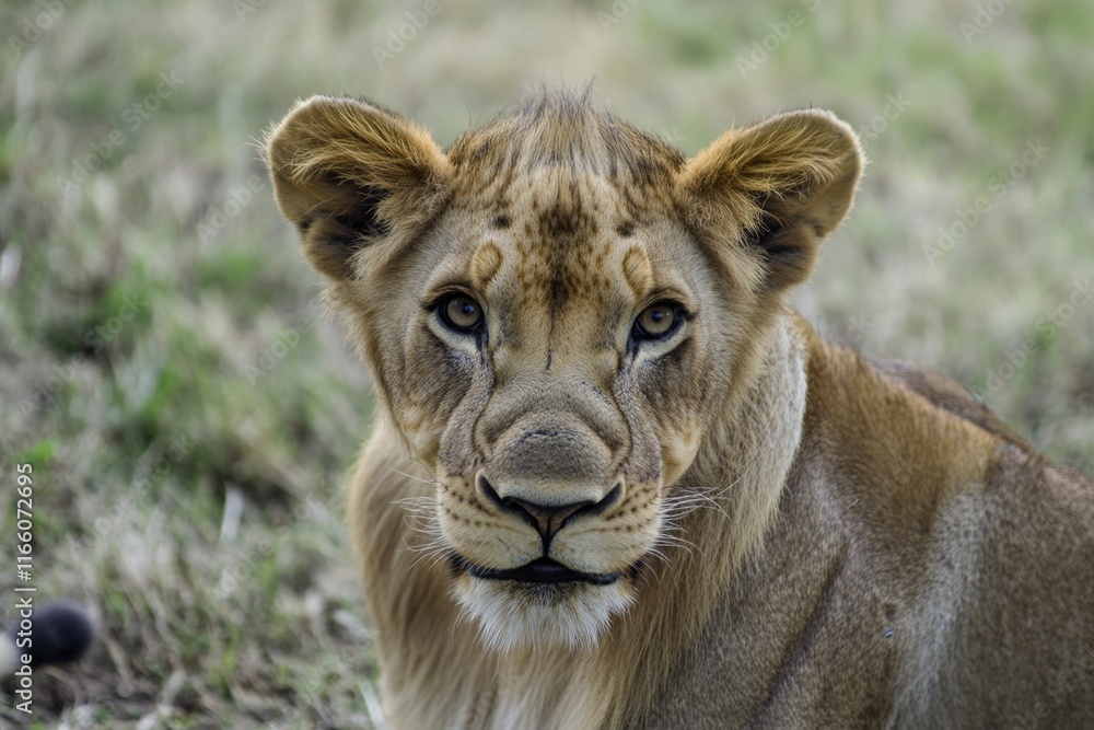 Naklejka premium Close-up photo of a lion in a grassy field