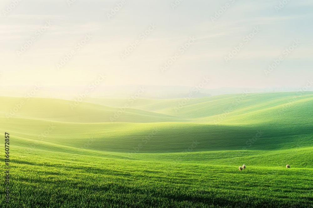 Obraz premium Rolling Green Hills With Sheep Grazing Peacefully