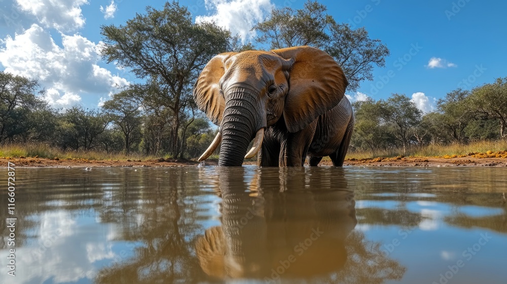 Fototapeta premium A single elephant stands in a pool of water, looking around