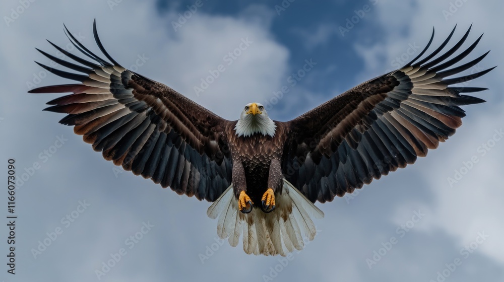 Fototapeta premium A majestic bald eagle soaring through a cloudy blue sky