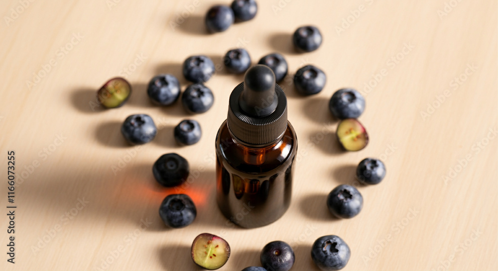 Dropper bottle with blueberries and dropper surrounded by fresh blueberries for natural health and wellness Dropper bottle with blueberries and dropper surrounded by fresh blueberries for natural health and wellness
