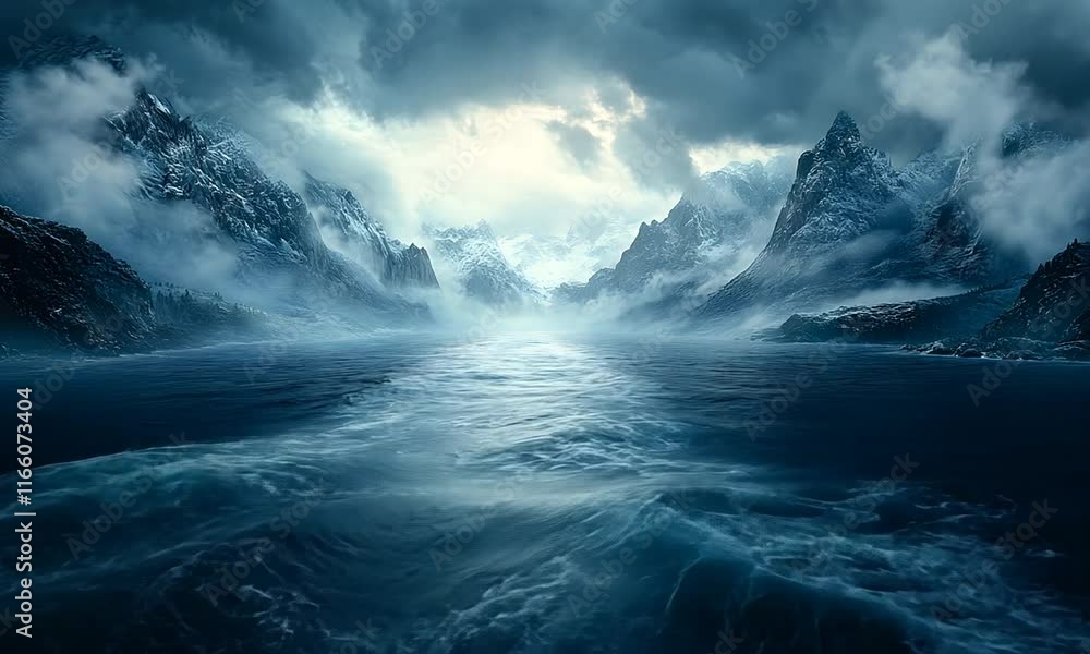A dramatic seascape with mountains and moody clouds reflecting on the water. A dramatic seascape with mountains and moody clouds reflecting on the water.
