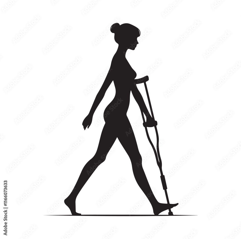 Fototapeta premium Woman Walking With Crutches silhouette vector illustration