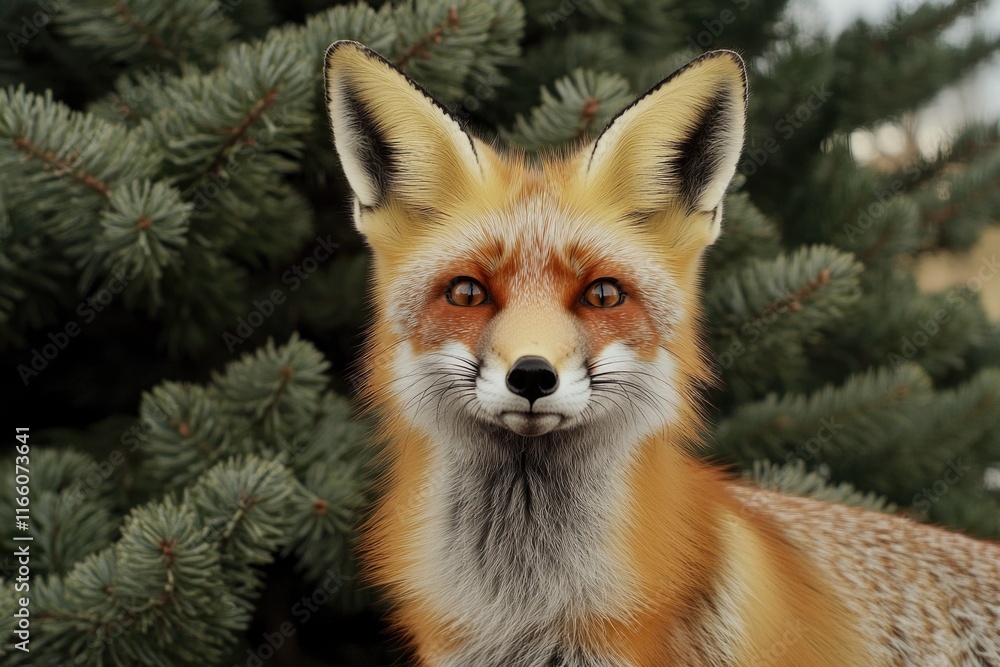 Obraz premium A close-up shot of a foxy face in front of a tree trunk