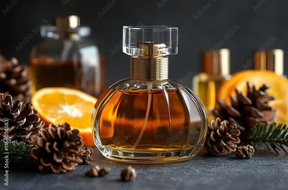 The perfume bottle is filled with amber liquid, surrounded by pinecones and citrus fruits on the dark background The perfume bottle is filled with amber liquid, surrounded by pinecones and citrus fruits on the dark background