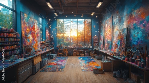 Whimsical art studio with floating paintbrushes and splashes of vibrant colors