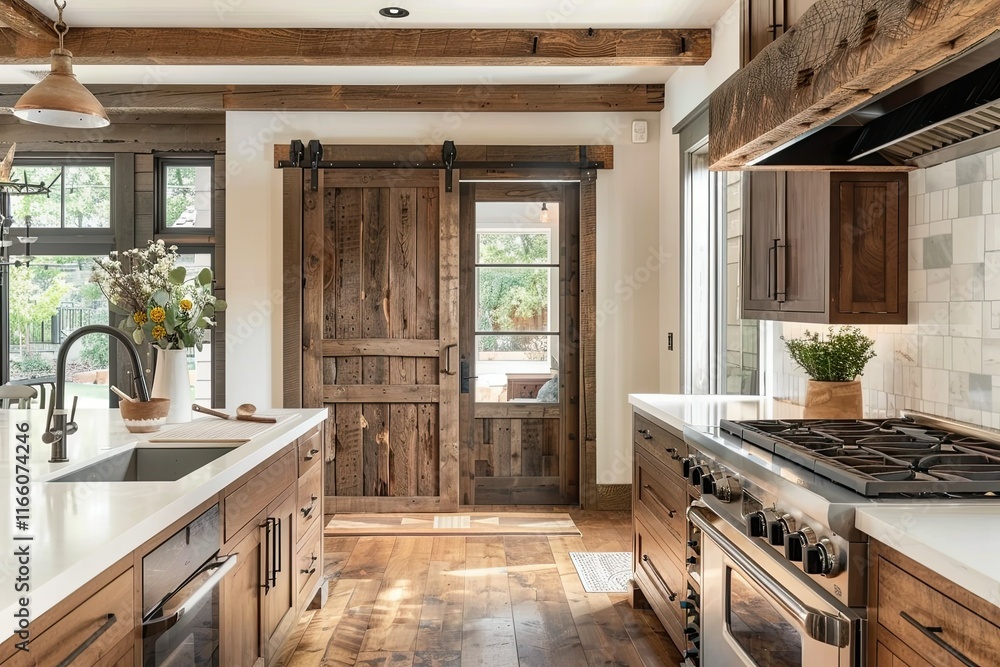 Wooden farmhouse door in a cozy country kitchen, exposed beams, rustic decor, natural textures Wooden farmhouse door in a cozy country kitchen, exposed beams, rustic decor, natural textures