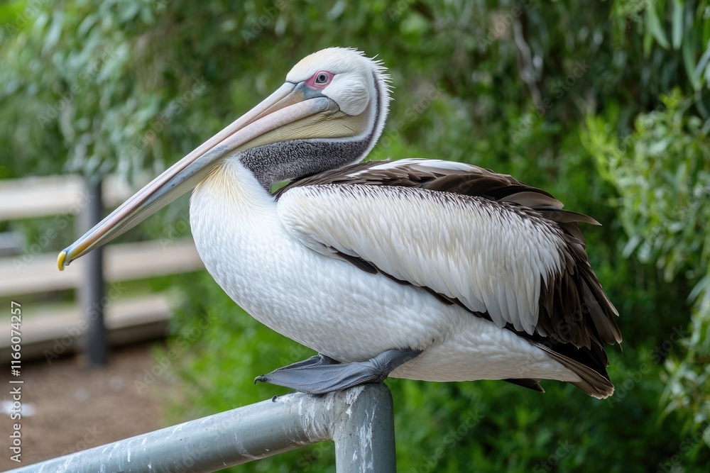 A pelican perched on a metal railing, looking out at the scene A pelican perched on a metal railing, looking out at the scene