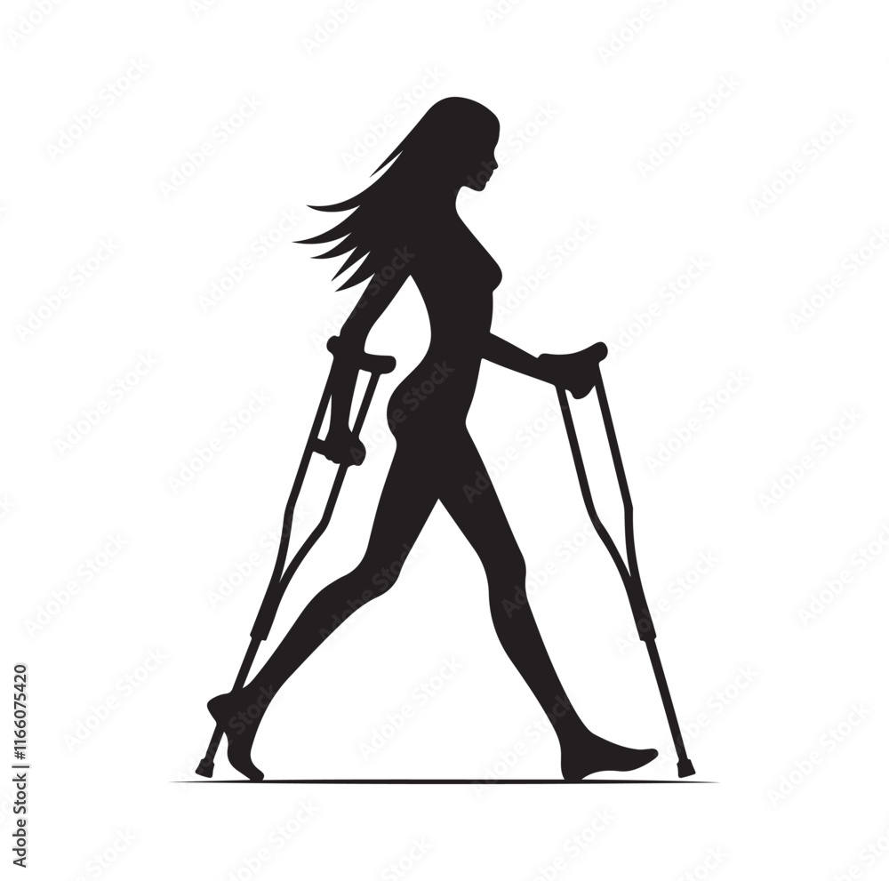 Woman Walking With Crutches silhouette vector illustration
