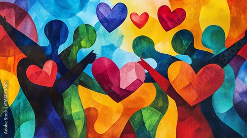 A dynamic charitythemed illustration featuring abstract figures sharing hearts and smiles, emphasizing compassion and community care, with bold, vivid colors