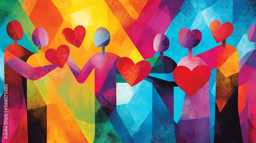 A dynamic charitythemed illustration featuring abstract figures sharing hearts and smiles, emphasizing compassion and community care, with bold, vivid colors