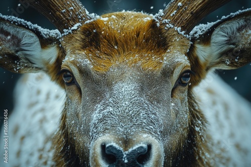 A close-up shot of a deer's face in a snowy landscape, perfect for winter-themed projects or environmental images photo