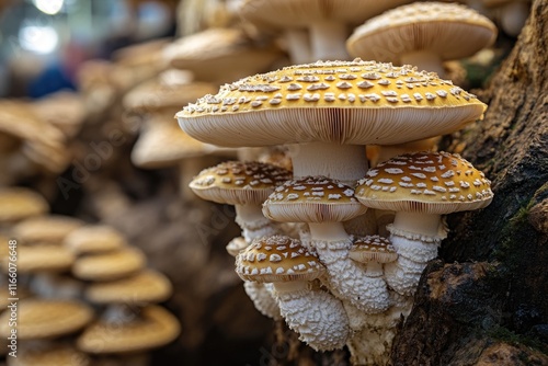 Close-up view of various types of mushrooms growing on the bark of a tree photo