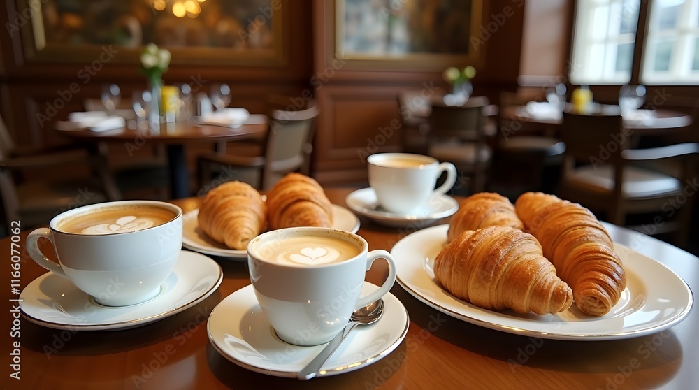 Fototapeta premium A beautifully composed image of a cozy cafe setting, featuring two cups of steaming coffee adorned with latte art and a plate of freshly baked croissants. The warm, inviting atmosphere