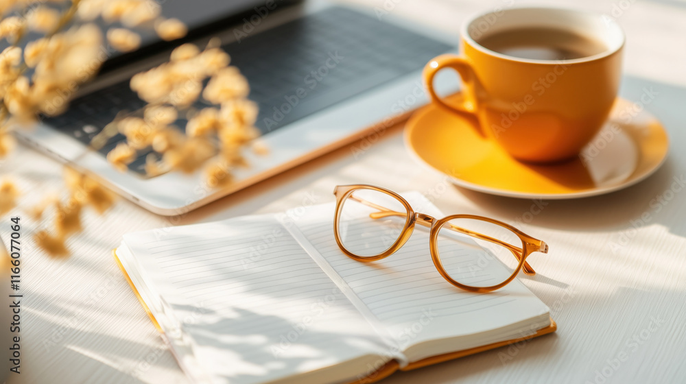 cozy workspace with notebook, glasses, and warm cup of coffee cozy workspace with notebook, glasses, and warm cup of coffee