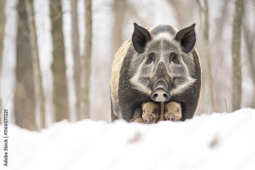 A wild boar walks through a snowy forest, searching for food A wild boar walks through a snowy forest, searching for food