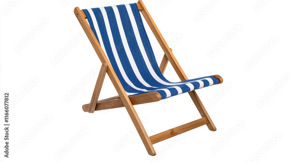 A blue and white striped beach chair sits on a white background, perfect for a summer vacation A blue and white striped beach chair sits on a white background, perfect for a summer vacation