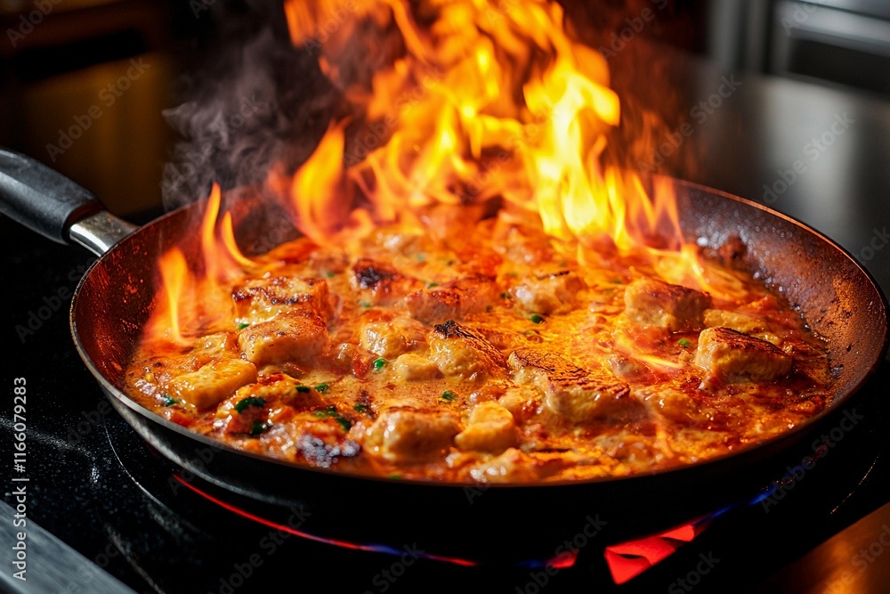 Sizzling culinary masterpiece with vibrant flames at a bustling kitchen
