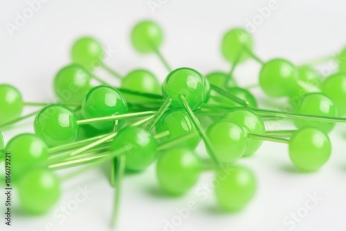 A collection of small green pins resting on a smooth white background, ideal for illustrations and design projects photo