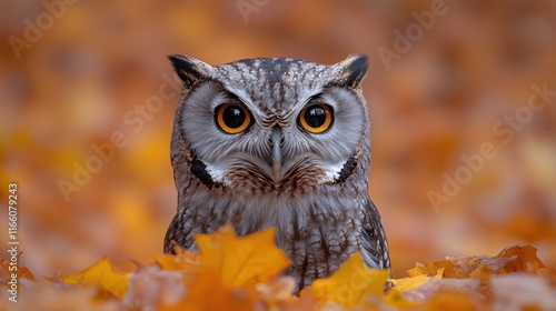 Close-up image of an owl perched among leaves, perfect for nature or wildlife-themed designs photo