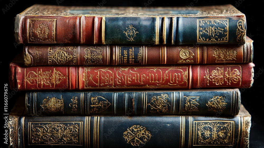Stack of antique leather-bound books. Stack of antique leather-bound books.