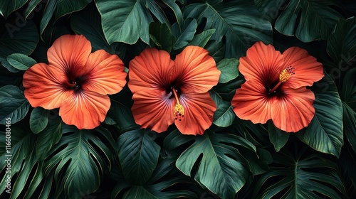 Wallpaper Mural Vibrant hibiscus flowers among lush green leaves. Torontodigital.ca