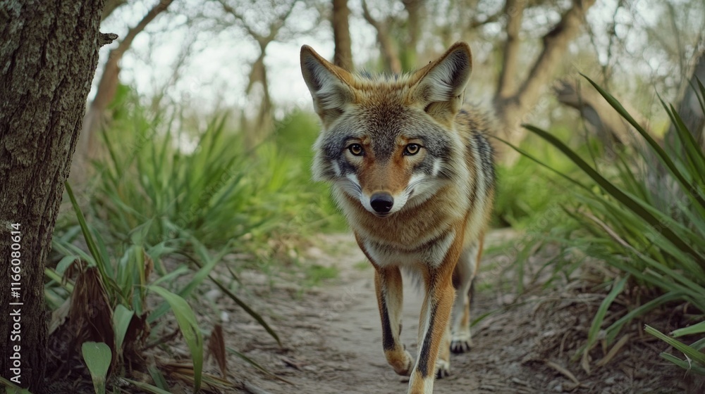 Naklejka premium A wolf walks along a dirt path in a forest, surrounded by trees and foliage