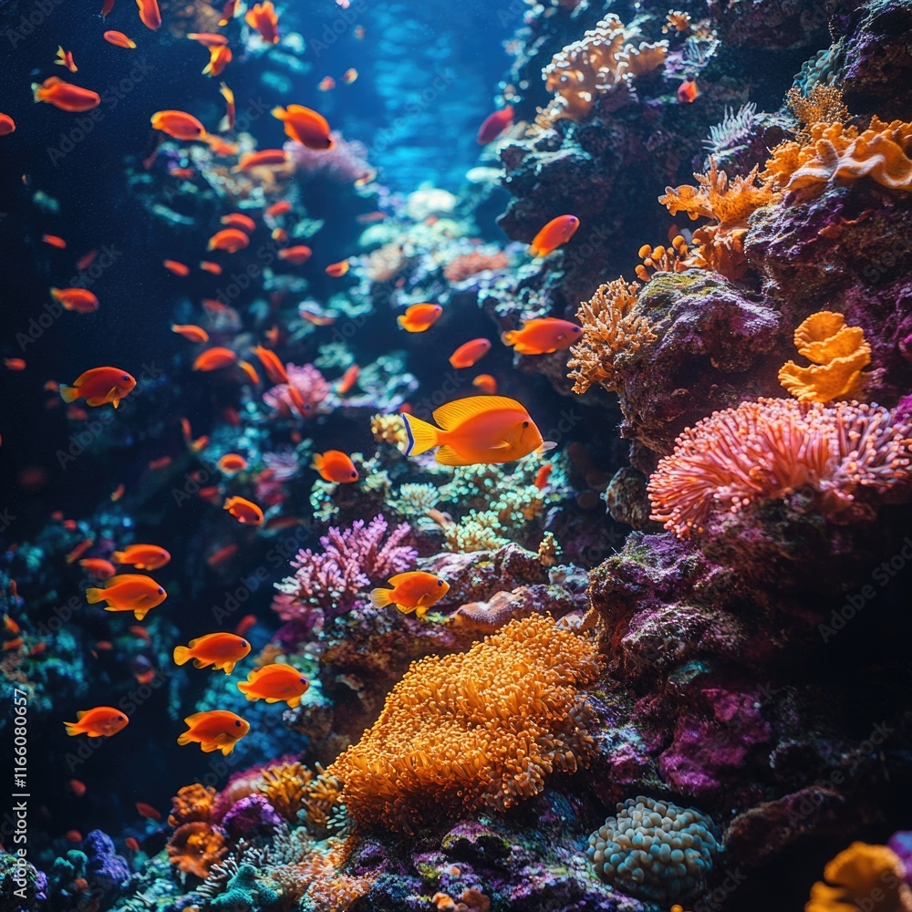 Fototapeta premium A group of fish swimming together in an aquarium setting