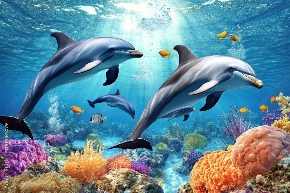Group of dolphins swimming together in the ocean Group of dolphins swimming together in the ocean