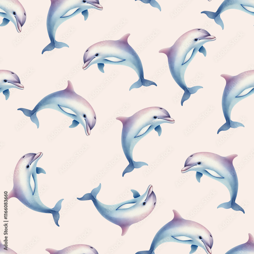 Seamless pattern of watercolor illustration of dolphins on cream background. Swimming dolphins Seamless pattern of watercolor illustration of dolphins on cream background. Swimming dolphins