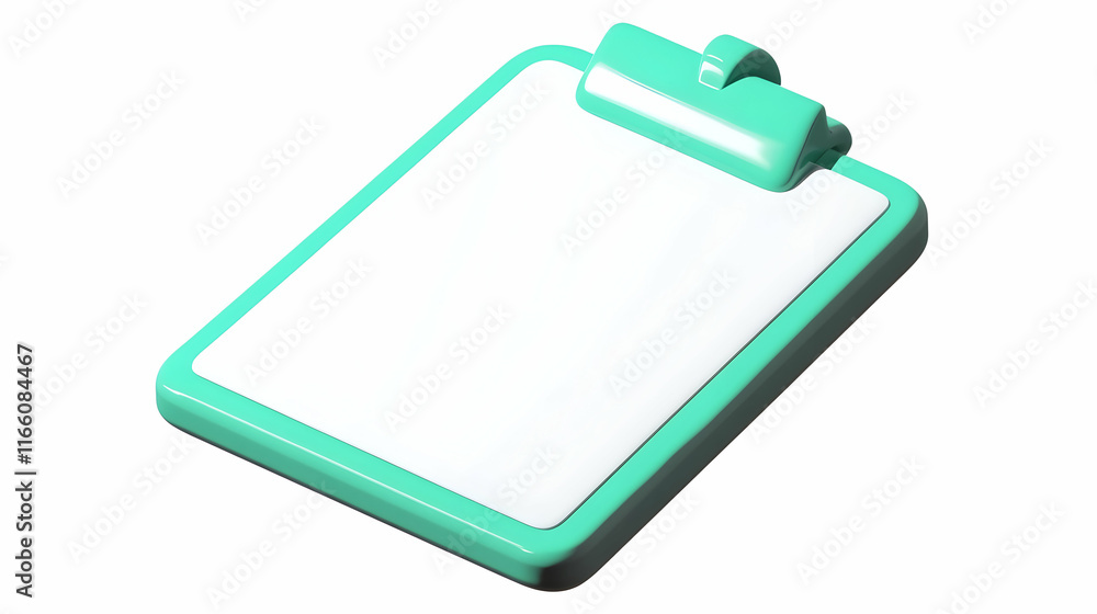 3D cartoon icon of a clipboard in green and white office tool with paint material