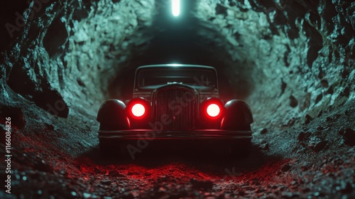 This stunning image showcases a classic car with glowing taillights as it navigates through a gritty underground tunnel, highlighting themes of adventure and exploration. photo