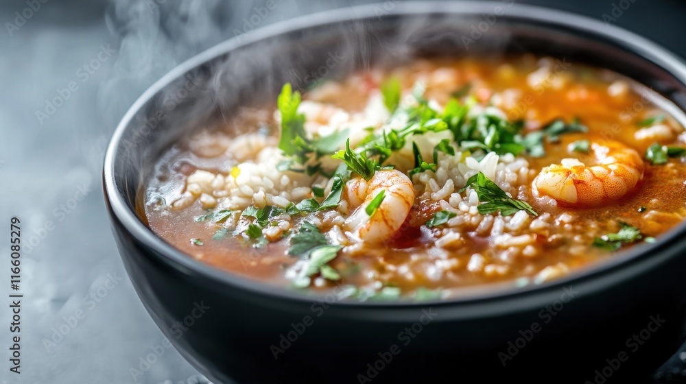 Steaming Bowl of Shrimp Gumbo with Rice and Spices Steaming Bowl of Shrimp Gumbo with Rice and Spices