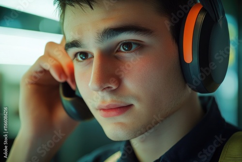 A young man is on the phone while wearing headphones, one phrase that may be used is for a scene of modern technology use photo