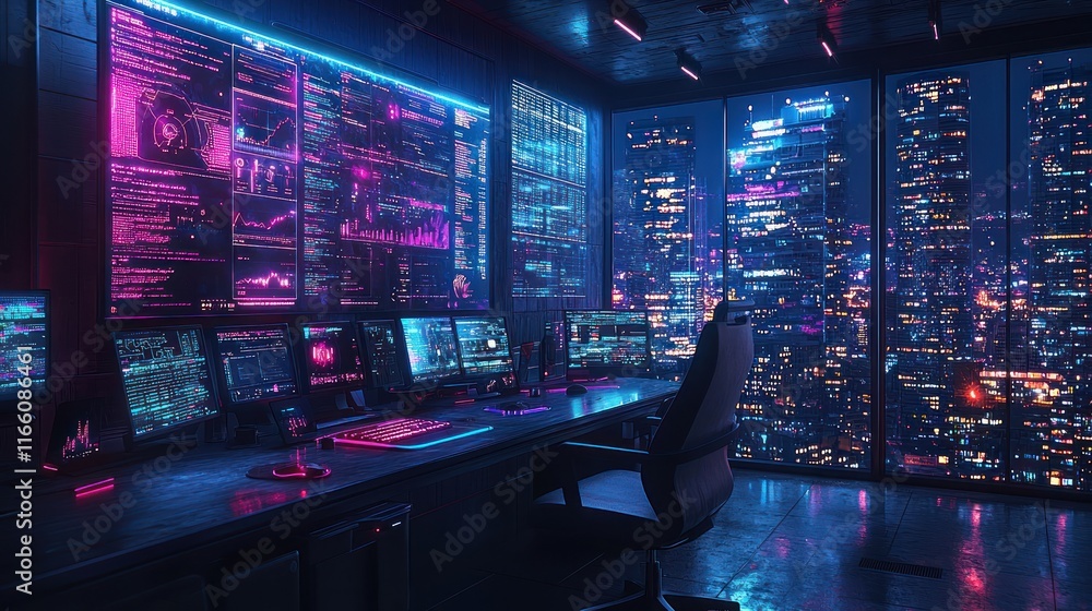 Futuristic control room with city skyline view. Futuristic control room with city skyline view.
