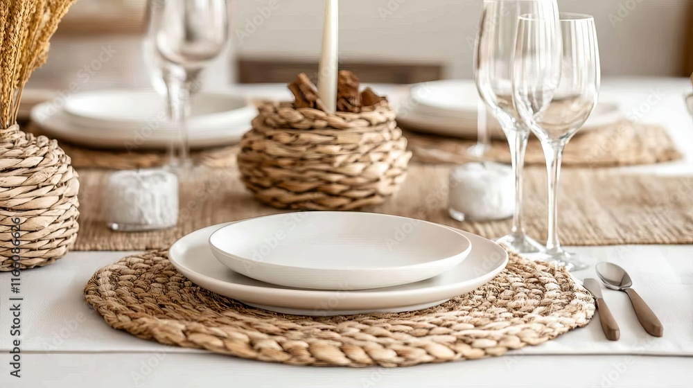 Neutral Thanksgiving table with woven accessories and pale cream tableware, theme natural elegance Neutral Thanksgiving table with woven accessories and pale cream tableware, theme natural elegance
