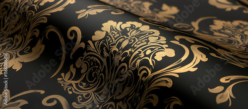 A luxurious black and gold damask wallpaper with intricate detailing, adding a regal touch to interior decor. photo