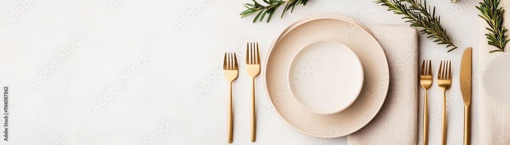 Thanksgiving table featuring sand-colored ceramics and subtle gold flatware, style modern rusticity Thanksgiving table featuring sand-colored ceramics and subtle gold flatware, style modern rusticity
