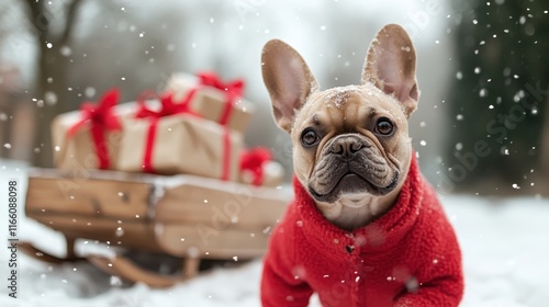 A playful French Bulldog in a vibrant red coat poses cutely against a snowy backdrop, surrounded by beautifully wrapped gifts, capturing the essence of winter festivities. photo