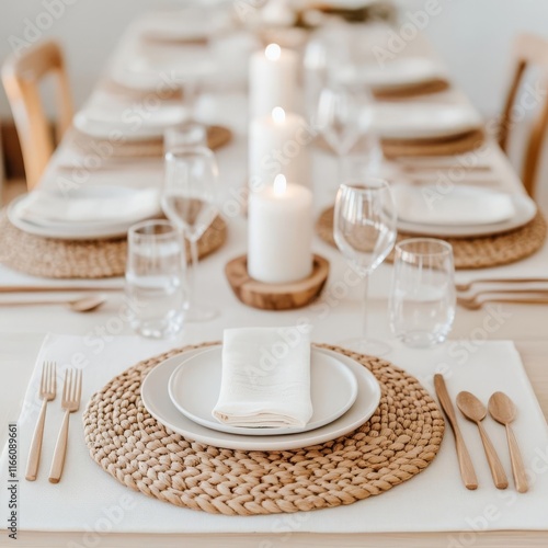 Thanksgiving table in sandy neutrals with minimalistic wooden accessories, theme coastal serenity photo