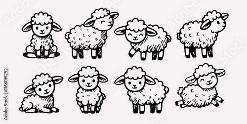 A set of cute monochrome sheep. Vector characters for birthday parties, invitations, birthday cards, children's T-shirts and stickers. Hand-drawn illustration for children's items.