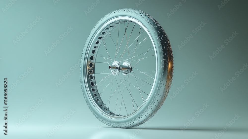 Single metallic bicycle wheel, tire, spokes. Single metallic bicycle wheel, tire, spokes.