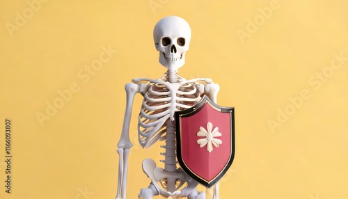 Healthcare internal organ 3D concept. A skeleton holding a decorative shield stands against a bright yellow background, creating a striking and whimsical visual. photo