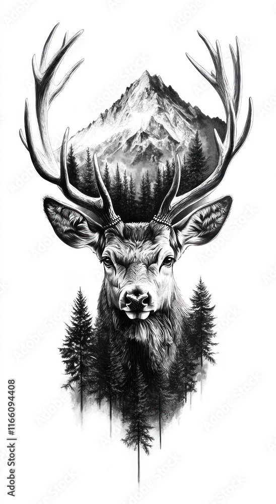 Obraz premium Monochrome deer head with majestic mountain landscape in antlers.