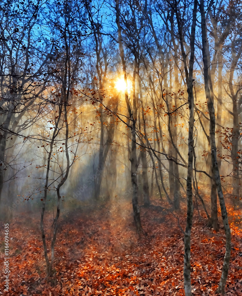 Painting of sunlight beams through trees in a misty forest with golden autumn leaves Painting of sunlight beams through trees in a misty forest with golden autumn leaves